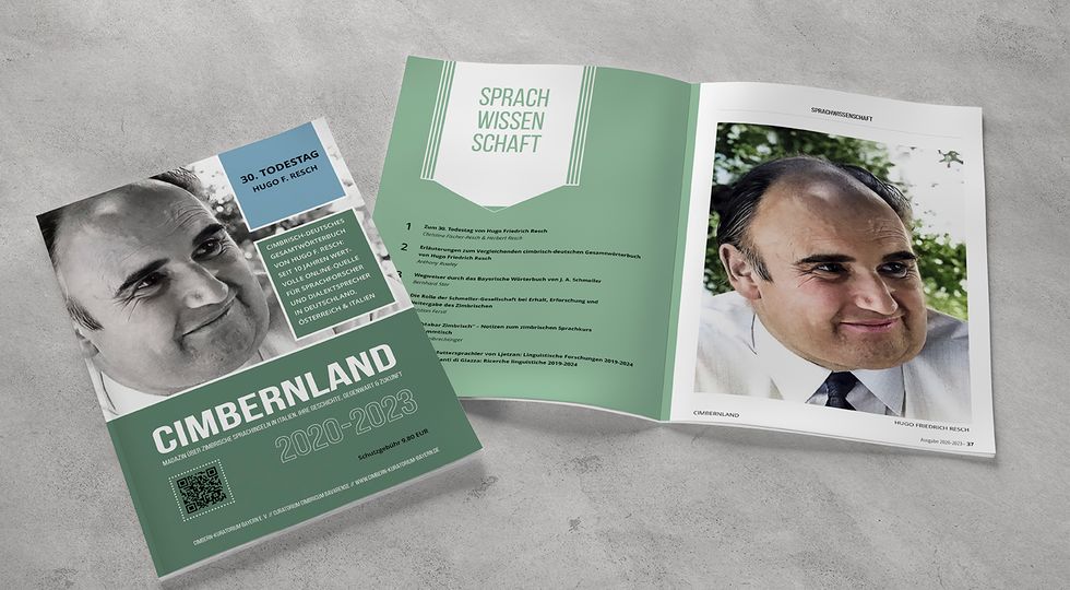 Titel des Cimbenland-Magazins 2020-2023 mit Motiv Hugo Resch und Einstiegsseiten "Sprachwissenschaften"