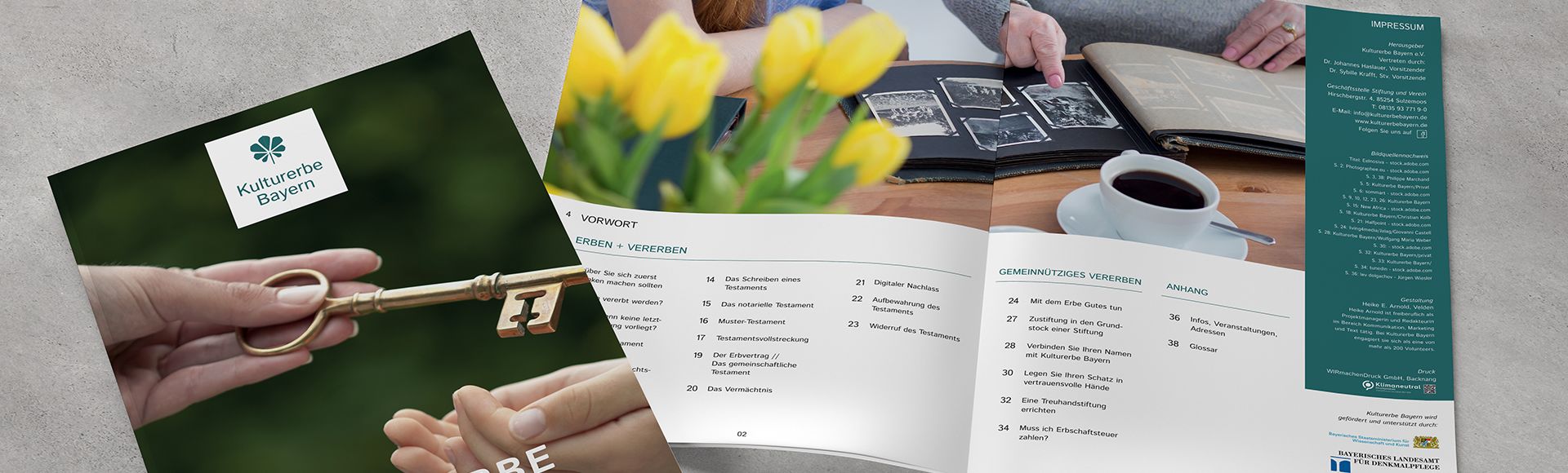 Als Referenz wird der Titel und das Inhaltsverzeichnis der Testamentsbroschüre der Kulturerbe Bayern Stiftung im Titelbild gezeigt